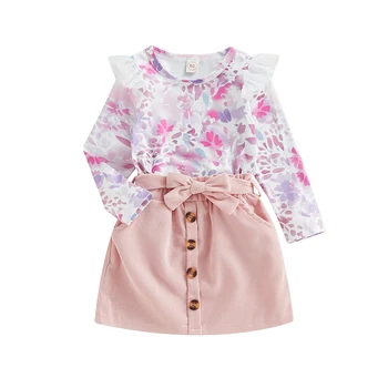 Комплект детской юбки для девочек, футболка с круглым вырезом и цветочным принтом с длинным рукавом + мини-юбка + пояс