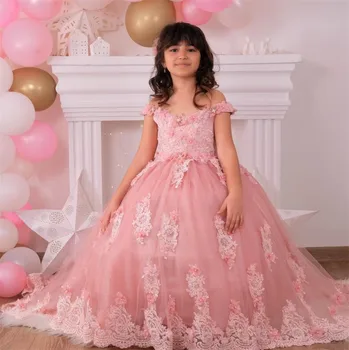 Розовое платье для девочек ручной работы, слои кружевных аппликаций, платье принцессы-цветочницы, свадебное платье, Детское платье для Первого причастия, фотография