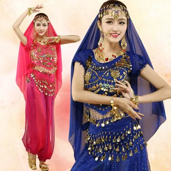 4шт Женский костюм для танца живота, индийская танцовщица, танцующие женщины, комплект одежды для танца живота, племенной шифоновый костюм, модельная одежда