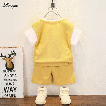 Lenoyn 2023, Летний комплект детской одежды, однотонная рубашка с волнистой поверхностью, повседневный комплект + шорты, комплект одежды для маленьких мальчиков и девочек